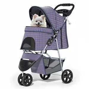 3 Wheels Pet Dog Cat Stroller for Small Medium Dogs Cats, Lightweight Foldable Jogger Stroller w/Storage Basket and Cup Holder, Plaid 3 Wheels Pet Dog Cat Stroller for Small Medium Dogs Cats, Lightweight Foldable Jogger Stroller w/Storage Basket and Cup Holder, Plaid