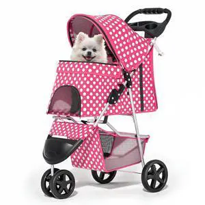 3 Wheels Pet Dog Cat Stroller for Small Medium Dogs Cats, Foldable Jogger Stroller w/Storage Basket and Cup Holder, Hot Pink Polka Dots 3 Wheels Pet Dog Cat Stroller for Small Medium Dogs Cats, Foldable Jogger Stroller w/Storage Basket and Cup Holder, Hot Pink Polka Dots