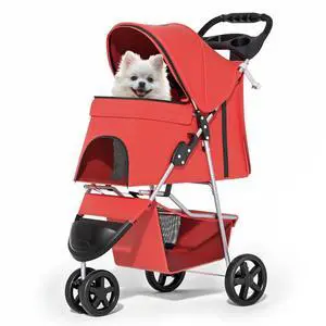 3 Wheels Pet Stroller, Foldable Puppy Cage Jogger Stroller with Weather Cover for All-Season, Storage Basket and Cup Holder, Breathable and Visible Mesh for Small/Medium Pets, Red 3 Wheels Pet Stroller, Foldable Puppy Cage Jogger Stroller with Weather Cover for All-Season, Storage Basket and Cup Holder, Breathable and Visible Mesh for Small/Medium Pets, Red