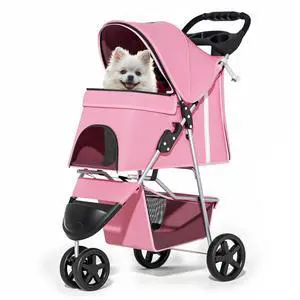3-Wheels Foldable Pet Stroller with Waterproof Cover, Pet Strolling Cart for Small/Medium Dogs and Cats with Storage Basket and Cup Holder, Breathable and Visible Mesh for All-Season, Pink 3-Wheels Foldable Pet Stroller with Waterproof Cover, Pet Strolling Cart for Small/Medium Dogs and Cats with Storage Basket and Cup Holder, Breathable and Visible Mesh for All-Season, Pink