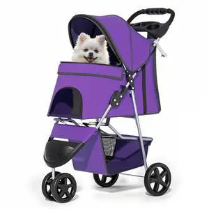 3 Wheels Pet Dog Cat Stroller for Small Medium Dogs Cats, Lightweight Foldable Jogger Stroller w/Storage Basket and Cup Holder, Purple 3 Wheels Pet Dog Cat Stroller for Small Medium Dogs Cats, Lightweight Foldable Jogger Stroller w/Storage Basket and Cup Holder, Purple