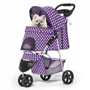 3 Wheels Pet Dog Cat Stroller for Small Medium Dogs Cats, Foldable Jogger Stroller w/Storage Basket and Cup Holder, Purple Polka Dots 3 Wheels Pet Dog Cat Stroller for Small Medium Dogs Cats, Foldable Jogger Stroller w/Storage Basket and Cup Holder, Purple Polka Dots