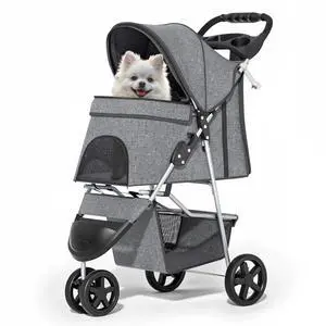 3 Wheels Pet Dog Cat Stroller for Small Medium Dogs and Cats, Lightweight Foldable Jogger Stroller w/Storage Basket and Cup Holder, Gray 3 Wheels Pet Dog Cat Stroller for Small Medium Dogs and Cats, Lightweight Foldable Jogger Stroller w/Storage Basket and Cup Holder, Gray