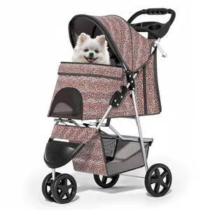 3 Wheels Pet Dog Cat Stroller for Small Medium Dogs Cats, Lightweight Foldable Jogger Stroller w/Storage Basket & Cup Holder, Leopard Print 3 Wheels Pet Dog Cat Stroller for Small Medium Dogs Cats, Lightweight Foldable Jogger Stroller w/Storage Basket & Cup Holder, Leopard Print