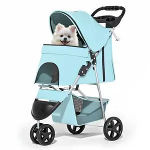 3 Wheels Pet Dog Cat Stroller for Small Medium Dogs Cats, Lightweight Foldable Jogger Stroller w/Storage Basket and Cup Holder, Mint Green 3 Wheels Pet Dog Cat Stroller for Small Medium Dogs Cats, Lightweight Foldable Jogger Stroller w/Storage Basket and Cup Holder, Mint Green