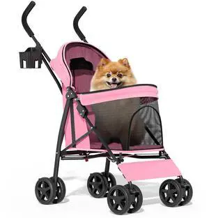 4 Wheels Pet Stroller, Easy-Fold Puppy Cage Jogger Stroller with Sun Cover, Pad and Rear Storage Bag, Breathable and Visible Mesh for Small/Medium Pets up to 22 lbs, Pink 4 Wheels Pet Stroller, Easy-Fold Puppy Cage Jogger Stroller with Sun Cover, Pad and Rear Storage Bag, Breathable and Visible Mesh for Small/Medium Pets up to 22 lbs, Pink