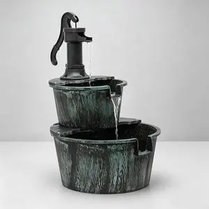 Outdoor Water Fountains, 27" Tall 2-Tier Barrel and Pump Waterfall Fountain and Pump for Outdoor Patio Garden Backyard Deck, 11L Water Capacity, Green Outdoor Water Fountains, 27" Tall 2-Tier Barrel and Pump Waterfall Fountain and Pump for Outdoor Patio Garden Backyard Deck, 11L Water Capacity, Green