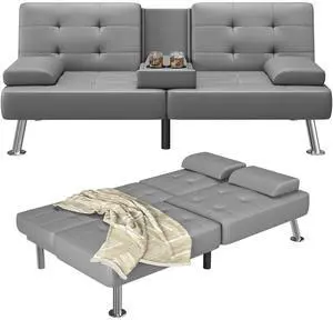 Futon Sofa Bed Adjustable Futon Couch Sleeper Sofa Bed for Living Room, Business Office, Recliner Sofas with Cup Holders (PU Leather, Gray) Futon Sofa Bed Adjustable Futon Couch Sleeper Sofa Bed for Living Room, Business Office, Recliner Sofas with Cup Holders (PU Leather, Gray)