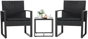 3 Pieces Outdoor Patio Wicker Furniture Set, Modern Rattan Chair Conversation Sets with Coffee Table for Yard and Bistro (Black) 3 Pieces Outdoor Patio Wicker Furniture Set, Modern Rattan Chair Conversation Sets with Coffee Table for Yard and Bistro (Black)
