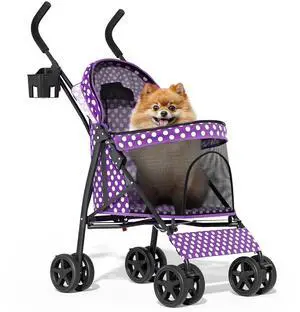 4 Wheels Pet Stroller, Easy-Fold Umbrella Shaped Dog Cat Jogger Stroller w/Storage Bag & Visible Mesh for Small/Medium Dogs Cats Purple Polka Dots 4 Wheels Pet Stroller, Easy-Fold Umbrella Shaped Dog Cat Jogger Stroller w/Storage Bag & Visible Mesh for Small/Medium Dogs Cats Purple Polka Dots