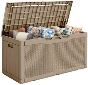 Outdoor Storage Box 100 Gallon Waterproof Resin Deck Box Delivery Box with Air Rod Indoor Outdoor Lockable Storage Bench for Patio Cushions, Tools, Pool Accessories (Brown) Outdoor Storage Box 100 Gallon Waterproof Resin Deck Box Delivery Box with Air Rod Indoor Outdoor Lockable Storage Bench for Patio Cushions, Tools, Pool Accessories (Brown)