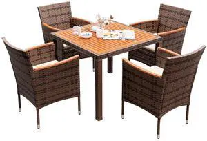 5 PCS Furniture, Patio Conversation Set with Acacia Wood Top, Rattan Outdoor Dining Table and Chairs for Backyard, Garden, Deck, Brown 5 PCS Furniture, Patio Conversation Set with Acacia Wood Top, Rattan Outdoor Dining Table and Chairs for Backyard, Garden, Deck, Brown