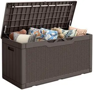 Outdoor Storage Box 100 Gallon Waterproof Resin Deck Box Delivery with Air Rod Indoor Outdoor Lockable Storage Bench for Patio Cushions, Tools, Pool Accessories (Deep Brown) Outdoor Storage Box 100 Gallon Waterproof Resin Deck Box Delivery with Air Rod Indoor Outdoor Lockable Storage Bench for Patio Cushions, Tools, Pool Accessories (Deep Brown)