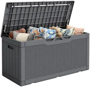 Outdoor Storage Box 100 Gallon Waterproof Resin Deck Box Delivery Box with Air Rod Indoor Outdoor Lockable Storage Bench for Patio Cushions, Tools, Pool Accessories (Gray) Outdoor Storage Box 100 Gallon Waterproof Resin Deck Box Delivery Box with Air Rod Indoor Outdoor Lockable Storage Bench for Patio Cushions, Tools, Pool Accessories (Gray)