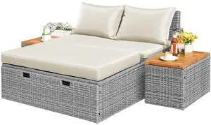 Outdoor Rattan Daybed with 2 Side Tables, Multifunctional Wicker Patio Sofa with Storage Ottoman, Cushions, Sunbed Wicker Furniture Chaise Lounge Chair for Backyard Porch Poolside(Beige) Outdoor Rattan Daybed with 2 Side Tables, Multifunctional Wicker Patio Sofa with Storage Ottoman, Cushions, Sunbed Wicker Furniture Chaise Lounge Chair for Backyard Porch Poolside(Beige)