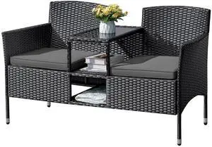 Outdoor Furniture Patio Loveseat Wicker 2-Seat with Built-in Table and Cushions Rattan Porch Chairs Bench for Balcony, Lawn, Backyard (Grey) Outdoor Furniture Patio Loveseat Wicker 2-Seat with Built-in Table and Cushions Rattan Porch Chairs Bench for Balcony, Lawn, Backyard (Grey)