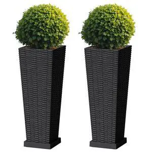 Set of 2 Resin Rattan Planters with Tray for Indoor Outdoor, 24'' Tall Flower Pots with Drainage Holes&Inner Pot, Tapered Planters for Garden, Patio, Porch (Black, Small) Set of 2 Resin Rattan Planters with Tray for Indoor Outdoor, 24'' Tall Flower Pots with Drainage Holes&Inner Pot, Tapered Planters for Garden, Patio, Porch (Black, Small)