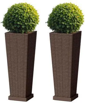 Set of 2 Resin Rattan Planters with Tray for Indoor Outdoor, 24'' Tall Flower Pots with Drainage Holes&Inner Pot, Tapered Planters for Garden, Patio, Porch (Brown, Small) Set of 2 Resin Rattan Planters with Tray for Indoor Outdoor, 24'' Tall Flower Pots with Drainage Holes&Inner Pot, Tapered Planters for Garden, Patio, Porch (Brown, Small)