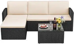 Patio Sofa,Outdoor Furniture Set 4 Pieces,Wicker Sectional Couch with Glass Desktop and 75.9in Wide Backrest for Backyard, Deck,Porch & Poolside(Black) Patio Sofa,Outdoor Furniture Set 4 Pieces,Wicker Sectional Couch with Glass Desktop and 75.9in Wide Backrest for Backyard, Deck,Porch & Poolside(Black)