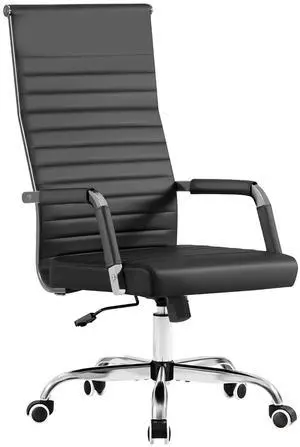 Ribbed Office Chair High Back PU Leather Executive Conference Chair Adjustable Swivel Chair with Arms, Black Ribbed Office Chair High Back PU Leather Executive Conference Chair Adjustable Swivel Chair with Arms, Black