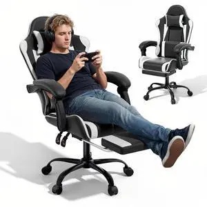 Gaming Chair with Headrest & Lumbar Support Ergonomic Computer Racing Chair with Footrest, Adjustable Hight Leather Swivel Computer Chair for Adult Teen Office or Gaming, White Gaming Chair with Headrest & Lumbar Support Ergonomic Computer Racing Chair with Footrest, Adjustable Hight Leather Swivel Computer Chair for Adult Teen Office or Gaming, White