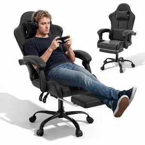 Gaming Chair with Footrest High Back Video Game Chair with Headrest & Lumbar Support Height Adjustable Leather Swivel Computer Chair for Adult Teen Office or Gaming, Black Gaming Chair with Footrest High Back Video Game Chair with Headrest & Lumbar Support Height Adjustable Leather Swivel Computer Chair for Adult Teen Office or Gaming, Black