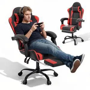 Gaming Chair with Footrest High Back Video Game Chair with Headrest & Lumbar Support Height Adjustable Leather Swivel Computer Chair for Adult Teen Office or Gaming, Red Gaming Chair with Footrest High Back Video Game Chair with Headrest & Lumbar Support Height Adjustable Leather Swivel Computer Chair for Adult Teen Office or Gaming, Red
