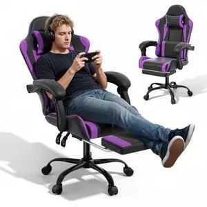 Gaming Chair Office Chair Leather High Back Computer Chair with Headrest and Lumbar Support 360° Swivel Ergonomic Footrest Adjustable Gamer Chair for Adult Teen Home Office Using, Purple Gaming Chair Office Chair Leather High Back Computer Chair with Headrest and Lumbar Support 360° Swivel Ergonomic Footrest Adjustable Gamer Chair for Adult Teen Home Office Using, Purple