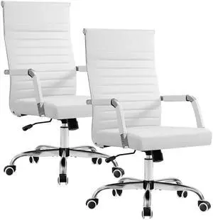 Ergonomic Office Desk Chair, Executive Ribbed Mid-Back PU Leather Conference Room Chair Adjustable Swivel Chair with Arms (2, White) Ergonomic Office Desk Chair, Executive Ribbed Mid-Back PU Leather Conference Room Chair Adjustable Swivel Chair with Arms (2, White)