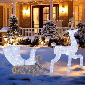5ft Lighted Reindeer & Santas Sleigh Christmas Decoration Set w/ 180 Cool Lights, Outdoor Holiday Festive Holiday Décor for Yard Lawn, White 5ft Lighted Reindeer & Santas Sleigh Christmas Decoration Set w/ 180 Cool Lights, Outdoor Holiday Festive Holiday Décor for Yard Lawn, White