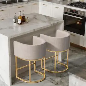 Linen Bar Stools, 20 Inch Upholstered Barrel Arm Chairs Set of 2, Stylish Chair with Gold Metal Stand for Dining Room, Kitchen Island and Home Bar, White Linen Bar Stools, 20 Inch Upholstered Barrel Arm Chairs Set of 2, Stylish Chair with Gold Metal Stand for Dining Room, Kitchen Island and Home Bar, White