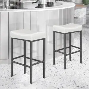 Bar Stools Set of 2, 31.5 Inches Backless Retro Counter Height Stools, Faux Leather Saddle Seat with Metal for Kitchen Island Dining Room, White Bar Stools Set of 2, 31.5 Inches Backless Retro Counter Height Stools, Faux Leather Saddle Seat with Metal for Kitchen Island Dining Room, White