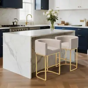 Linen Bar Stools, 25 Inch Upholstered Barrel Arm Chairs Set of 2, Stylish Chair with Gold Metal Stand for Dining Room, Kitchen Island and Home Bar, White Linen Bar Stools, 25 Inch Upholstered Barrel Arm Chairs Set of 2, Stylish Chair with Gold Metal Stand for Dining Room, Kitchen Island and Home Bar, White
