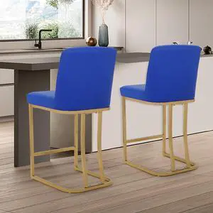 Bar Stools Set of 2, PU Leather Upholstered Counter Height Stools, Modern Barstools with Back and Golden Metal Frame for Kitchen Island Dining Room, Navy Blue Bar Stools Set of 2, PU Leather Upholstered Counter Height Stools, Modern Barstools with Back and Golden Metal Frame for Kitchen Island Dining Room, Navy Blue