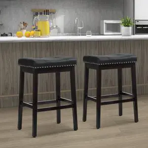 Bar Stools Set of 2, 29.5" PU Leather Counter Height Stools with Footrest, Nailed Backless Saddle Barstools for Kitchen, Dining Room, Café, Black Frame, Black Seat Bar Stools Set of 2, 29.5" PU Leather Counter Height Stools with Footrest, Nailed Backless Saddle Barstools for Kitchen, Dining Room, Café, Black Frame, Black Seat