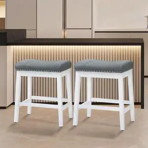 Bar Stools Set of 2, 25" PU Leather Counter Height Stools with Footrest, Nailed Backless Saddle Barstools for Kitchen, Dining Room, Café, White Frame, Gray Seat Bar Stools Set of 2, 25" PU Leather Counter Height Stools with Footrest, Nailed Backless Saddle Barstools for Kitchen, Dining Room, Café, White Frame, Gray Seat