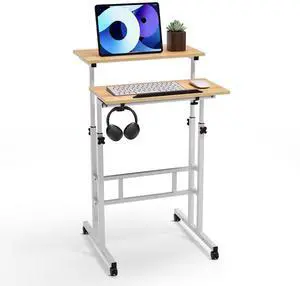 Mobile Standing Desk with 2 Platforms Adjustable Computer Laptop Desk Home Office Workstation Rolling Table Cart for Standing or Sitting, Natural Mobile Standing Desk with 2 Platforms Adjustable Computer Laptop Desk Home Office Workstation Rolling Table Cart for Standing or Sitting, Natural