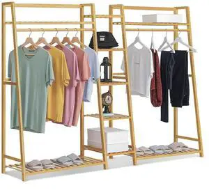 Bamboo Coat Rack with 5-Tier Storage Shelves Trapezoid Freestanding Garment Rack Clothes Hanging Rack Stand for Bedroom Living Room, Natural Bamboo Coat Rack with 5-Tier Storage Shelves Trapezoid Freestanding Garment Rack Clothes Hanging Rack Stand for Bedroom Living Room, Natural