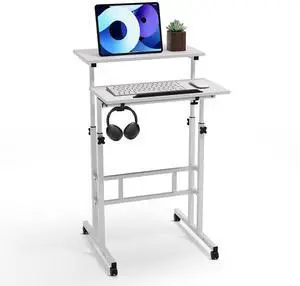 Mobile Stand Up Desk Height Adjustable Computer Standing Rolling Laptop Cart Table with 2 Platforms for Home Office Classroom with Wheels, White Mobile Stand Up Desk Height Adjustable Computer Standing Rolling Laptop Cart Table with 2 Platforms for Home Office Classroom with Wheels, White