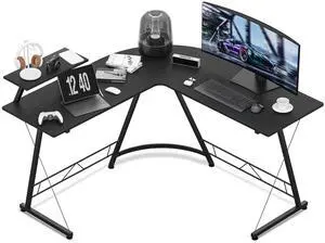 L Shaped Gaming Desk Computer Corner Table with Metal Frame, L Desk Workstation for Home Office, Space-Saving, Black L Shaped Gaming Desk Computer Corner Table with Metal Frame, L Desk Workstation for Home Office, Space-Saving, Black