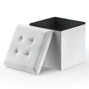 15 Inch Storage Ottoman Cube, 11 Gal. Folding Ottoman Foot Rest Stool, PU Leather Small Footrest with Storage for Living Room, Bedroom, Entryway, Hallway, White 15 Inch Storage Ottoman Cube, 11 Gal. Folding Ottoman Foot Rest Stool, PU Leather Small Footrest with Storage for Living Room, Bedroom, Entryway, Hallway, White
