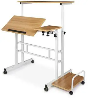 Mobile Standing Laptop Desk Rolling Laptop Workstation on Wheels Adjustable Height Computer Desk for Home Office Laptop Workstation with Side Storage, White, Natural Mobile Standing Laptop Desk Rolling Laptop Workstation on Wheels Adjustable Height Computer Desk for Home Office Laptop Workstation with Side Storage, White, Natural