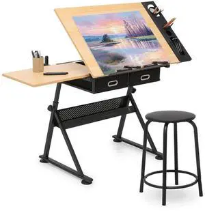 Adjustable Tabletop Drafting Table Set, Height & Angle Adjustments (28"-36", 0°-65°), Durable Alloy Steel Frame, Drawing Table with 2 Drawers and Stool for Artists & Designers Adjustable Tabletop Drafting Table Set, Height & Angle Adjustments (28"-36", 0°-65°), Durable Alloy Steel Frame, Drawing Table with 2 Drawers and Stool for Artists & Designers