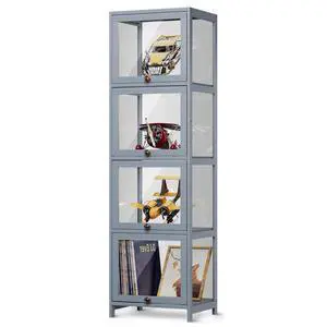 Narrow Display Cabinet for Small Space, 4 Tier Slim Storage Shelves with Acrylic Glass Door, Free Standing Transparent Bamboo Display Case for Collection Narrow Display Cabinet for Small Space, 4 Tier Slim Storage Shelves with Acrylic Glass Door, Free Standing Transparent Bamboo Display Case for Collection