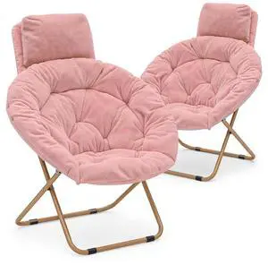Round Folding Faux Fur Saucer Chair with Removable Headrest for Adults Metal Frame Oversized Large Comfy Soft Lounge Lazy Cozy Moon Chair for Bedroom Living Room Dorm (Set of 2, Light Pink) Round Folding Faux Fur Saucer Chair with Removable Headrest for Adults Metal Frame Oversized Large Comfy Soft Lounge Lazy Cozy Moon Chair for Bedroom Living Room Dorm (Set of 2, Light Pink)