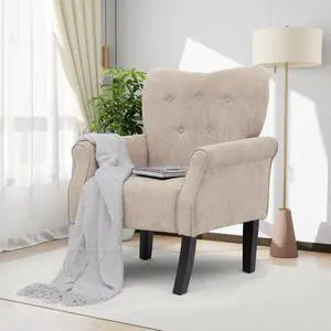 Button Tufted Accent Chair, Upholstered Linen Armchair with High Back and Sturdy Wood Legs for Living Room Bedroom Small Space, Beige Button Tufted Accent Chair, Upholstered Linen Armchair with High Back and Sturdy Wood Legs for Living Room Bedroom Small Space, Beige