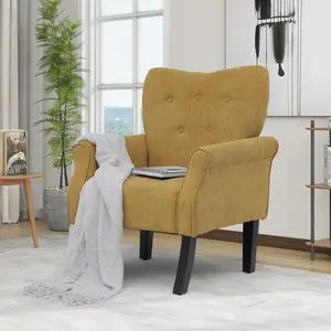 Button Tufted Accent Chair, Upholstered Linen Armchair with High Back and Sturdy Wood Legs for Living Room Bedroom Small Space, Dark Yellow Button Tufted Accent Chair, Upholstered Linen Armchair with High Back and Sturdy Wood Legs for Living Room Bedroom Small Space, Dark Yellow