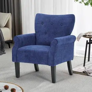 Button Tufted Accent Chair, Upholstered Linen Armchair with High Back and Sturdy Wood Legs for Living Room Bedroom Small Space, Navy Blue Button Tufted Accent Chair, Upholstered Linen Armchair with High Back and Sturdy Wood Legs for Living Room Bedroom Small Space, Navy Blue