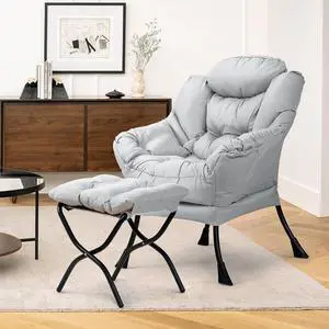 Lazy Chair with Ottoman, Modern Accent Chair w/Armrests, Upholstered Lounge Sofa Chair and Folding Footstool Set for Bedroom, Living Room, Dorm Room, Gray Lazy Chair with Ottoman, Modern Accent Chair w/Armrests, Upholstered Lounge Sofa Chair and Folding Footstool Set for Bedroom, Living Room, Dorm Room, Gray