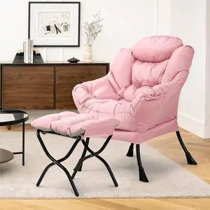 Lazy Chair with Ottoman, Modern Accent Chair w/Armrests, Upholstered Lounge Sofa Chair and Folding Footstool Set for Bedroom, Living Room, Dorm Room, Pink Lazy Chair with Ottoman, Modern Accent Chair w/Armrests, Upholstered Lounge Sofa Chair and Folding Footstool Set for Bedroom, Living Room, Dorm Room, Pink